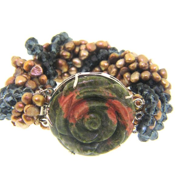 14k Fresh Water Brown & blue Crystal Bracelet with Flower Brooch clasp. - Picture 1 of 3